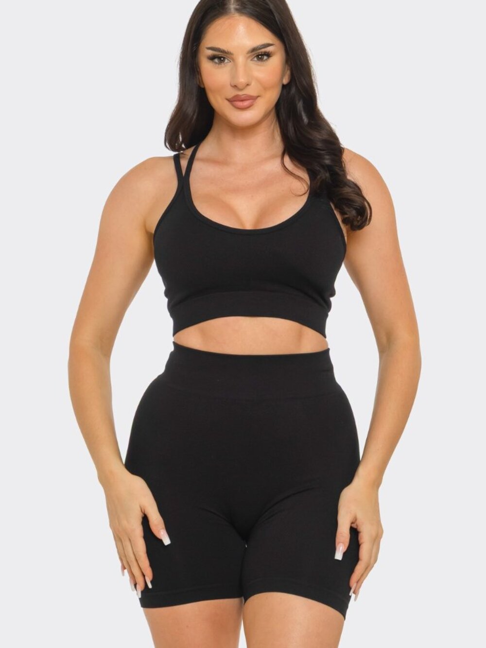 Seamless Bra Pad Spaghetti Straps Top And Shorts Set Black NEW